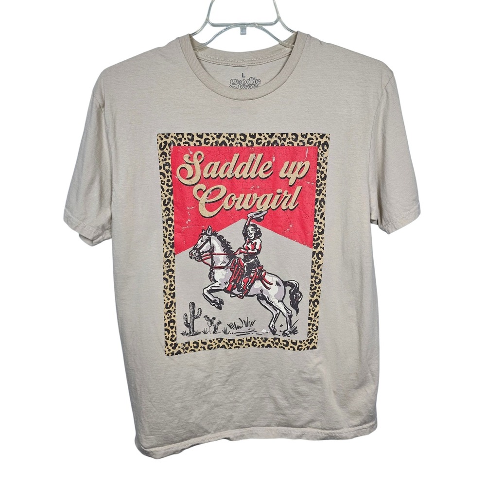 Goodie Two Sleeves T-Shirt Saddle Up Cowgirl Graphic Tan Mens Large